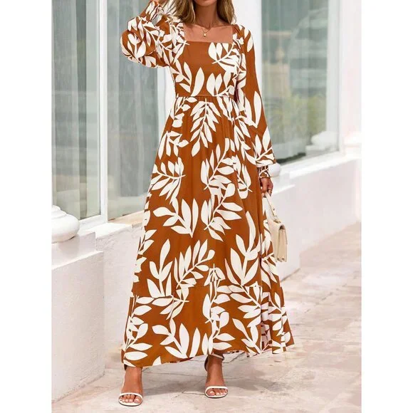 Women Floral Maxi Dress 100% Viscose Fall Long Sleeve Square Neck Casual Women Floral Maxi Dress 100% Viscose Fall Long Sleeve Square Neck Casual